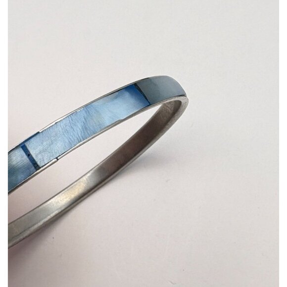 Vintage Blue Mother of Pearl Inlay Bangle Bracelet Silver Tone Beach Boho - Picture 5 of 6